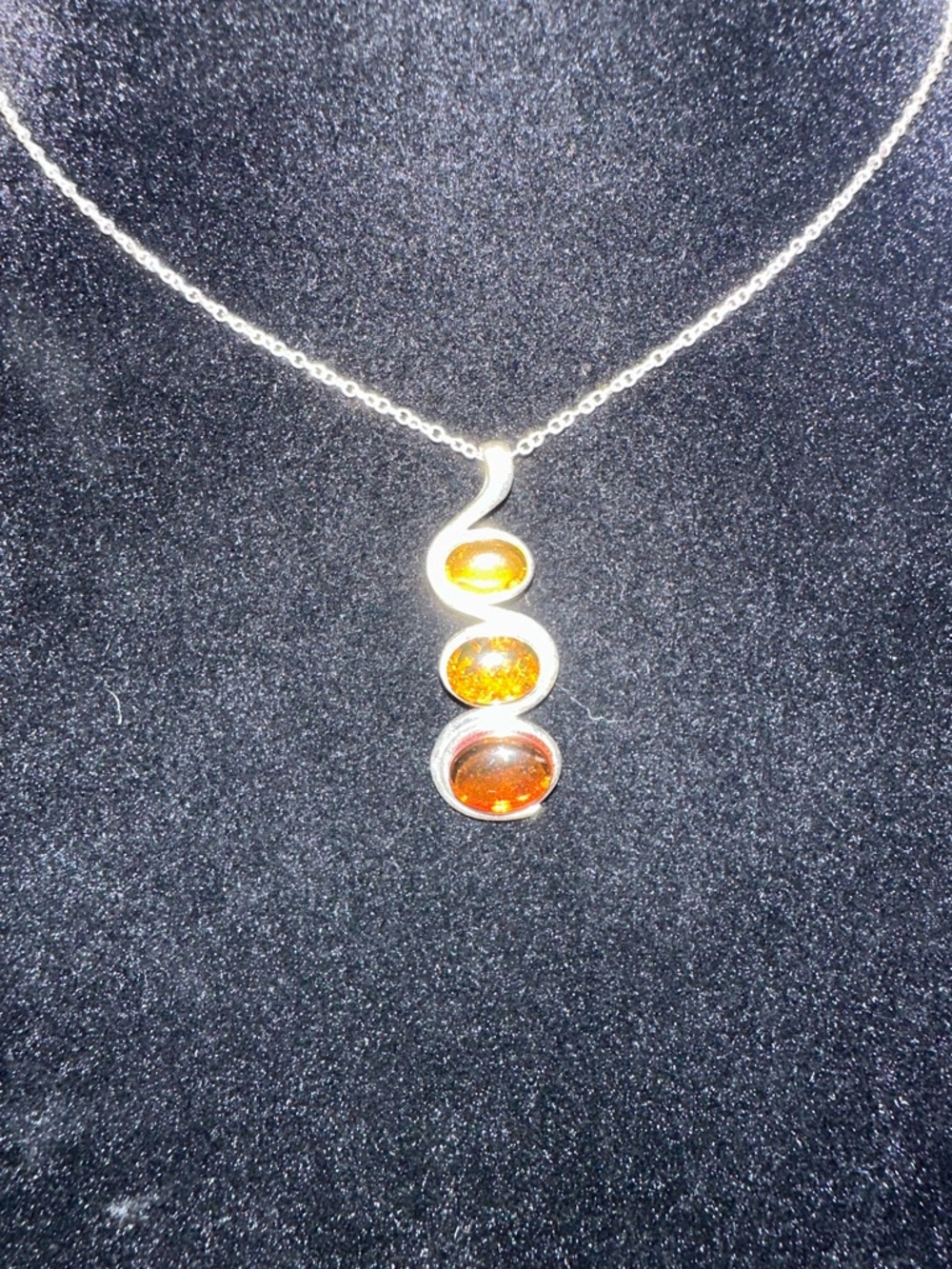Sterling Silver Amber Triple Drop Pendant Necklace - Orange Amber